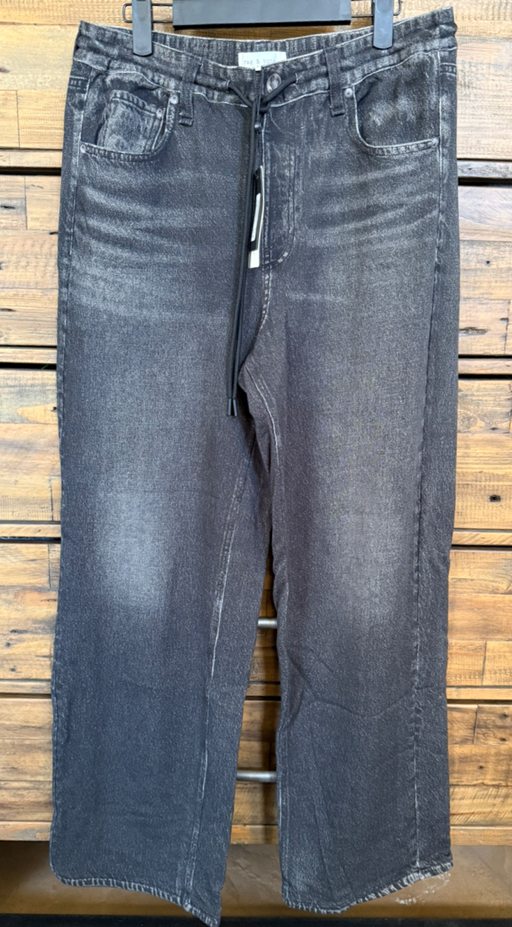 Rag & Bone Miramar Terry Drawcord Pants Womens L Black Washed Wide Leg NWT